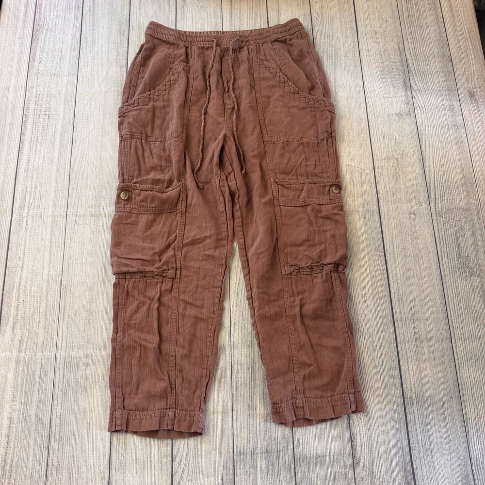 Free People Linen Blend Cargo Crop Pants Drawstring Elastic Waist Size Medium